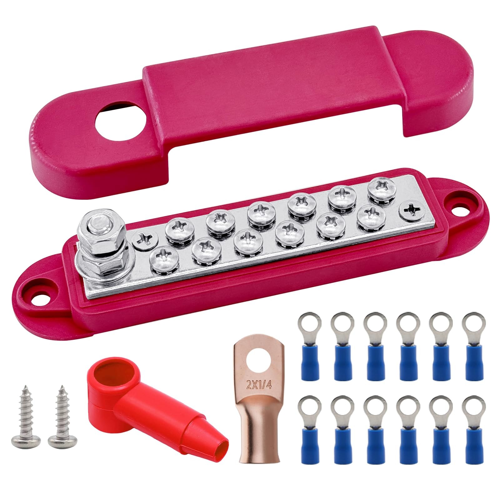 1/4" Stud Power Distribution Block Bus Bar with 12 x #8 Plated Brass Kit, Red