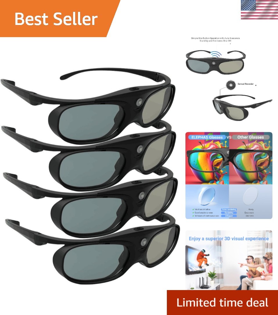 Fashionable 144Hz Active Shutter 3D Glasses - Lightweight & Portable (4 Pack)