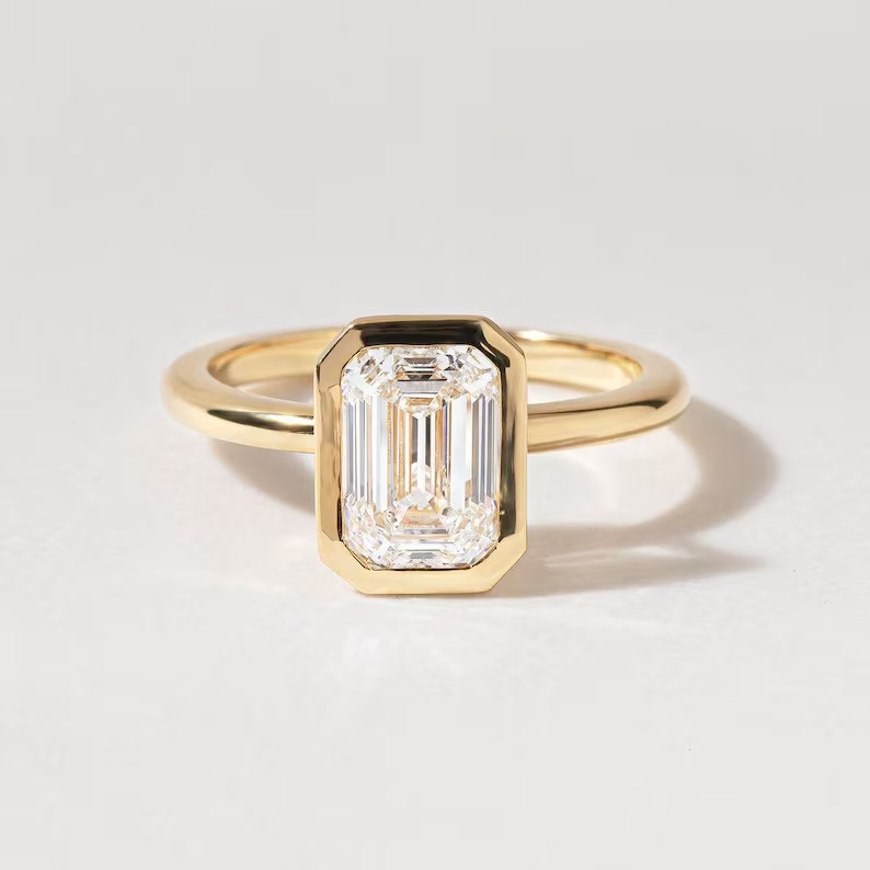 2.00 Ct Emerald-Cut Real Moissanite Bezel Engagement Ring Solid 14k Yellow Gold