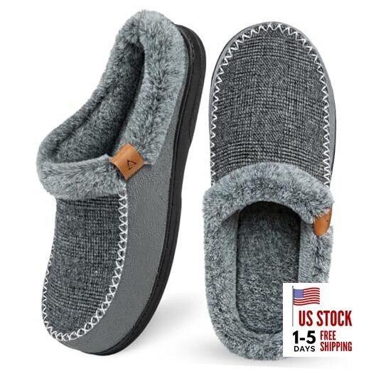 Men's Slippers Slip On Moccasin, Indoor Outdoor Warm 9-10 Grey Black Wool