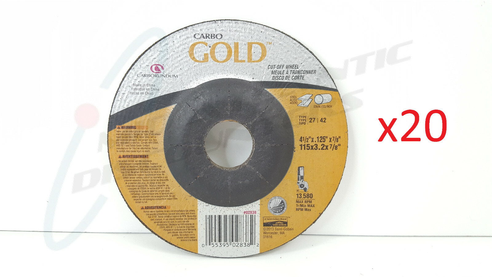20 Carbo Gold Grinding Wheels 02838 4-1/2" x .125" x 7/8" Steel/Stainless/Metal