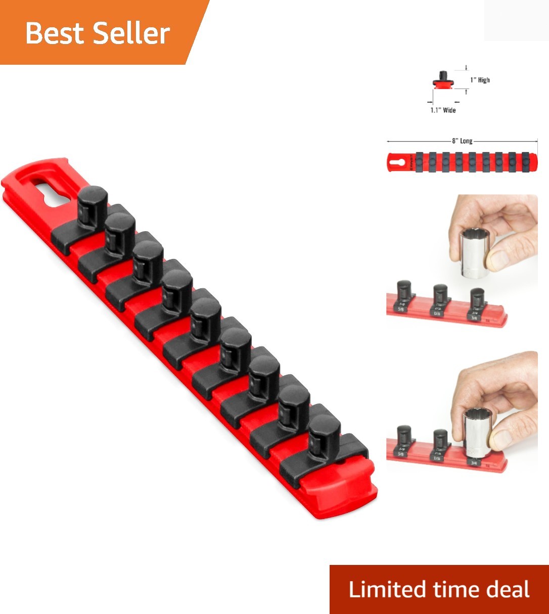 Ernst 8-Inch Socket Organizer with 9 Twist Lock Clips - Secure Tool Storage Red
