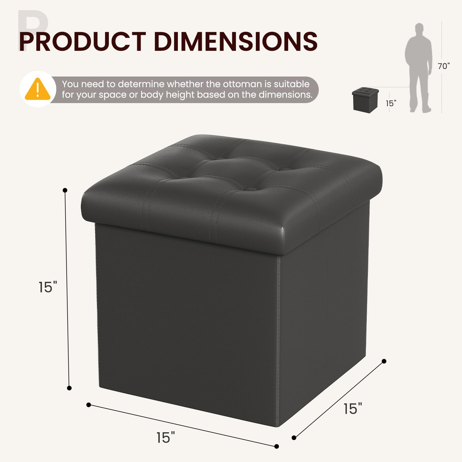 15 inches Folding Storage Ottoman, Cube Storage Boxes, Small Ottoman with Foa...