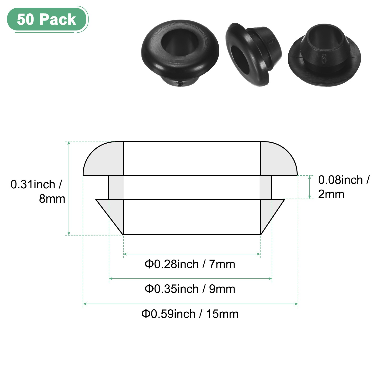 50-Pack Cable Railing Rubber Grommets, 9mm Drill Hole 7mm ID Car Grommet