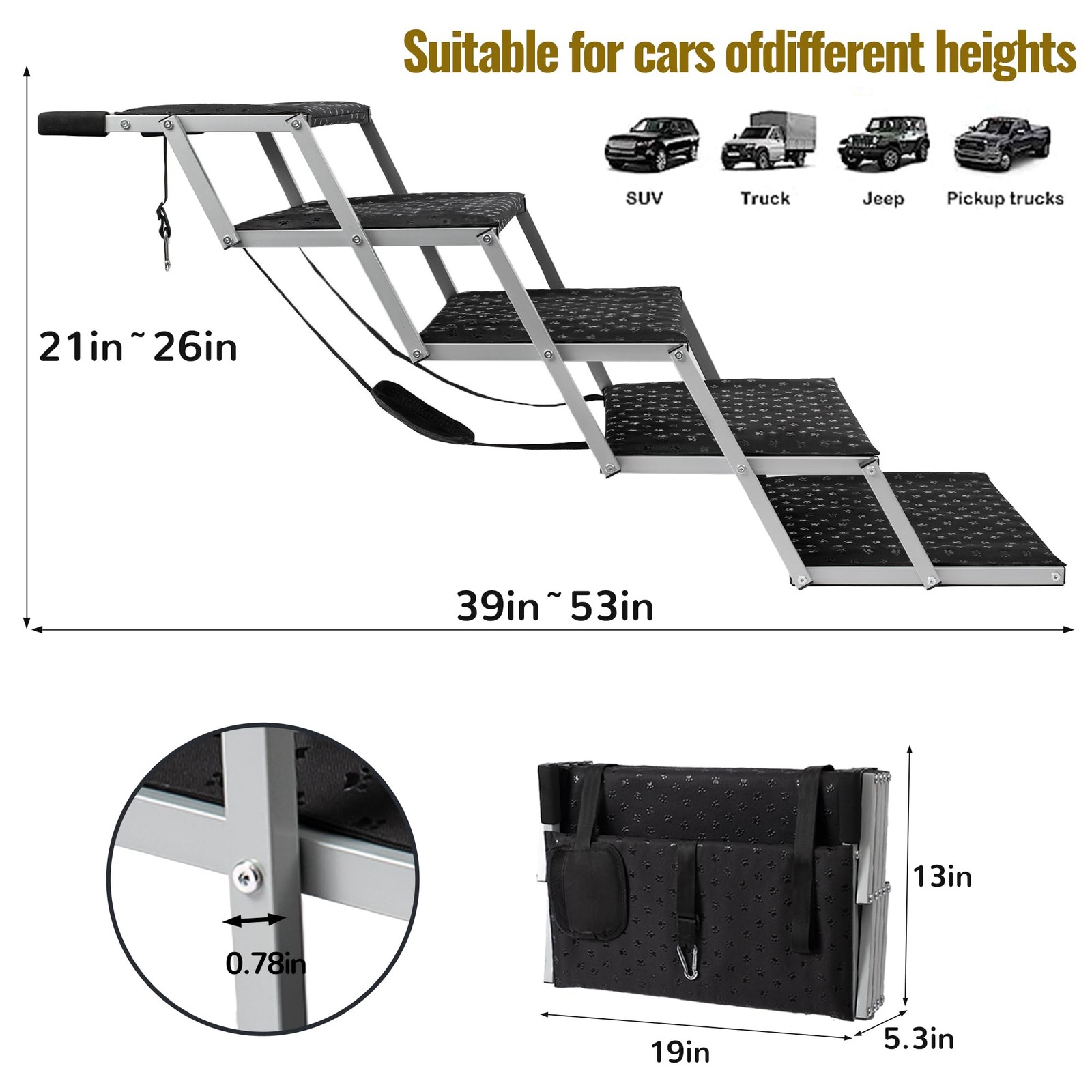 Dog Stairs Foldable Ramp Non Slip 250 Lb Wide 5 Steps Silver Portable Extra Cars