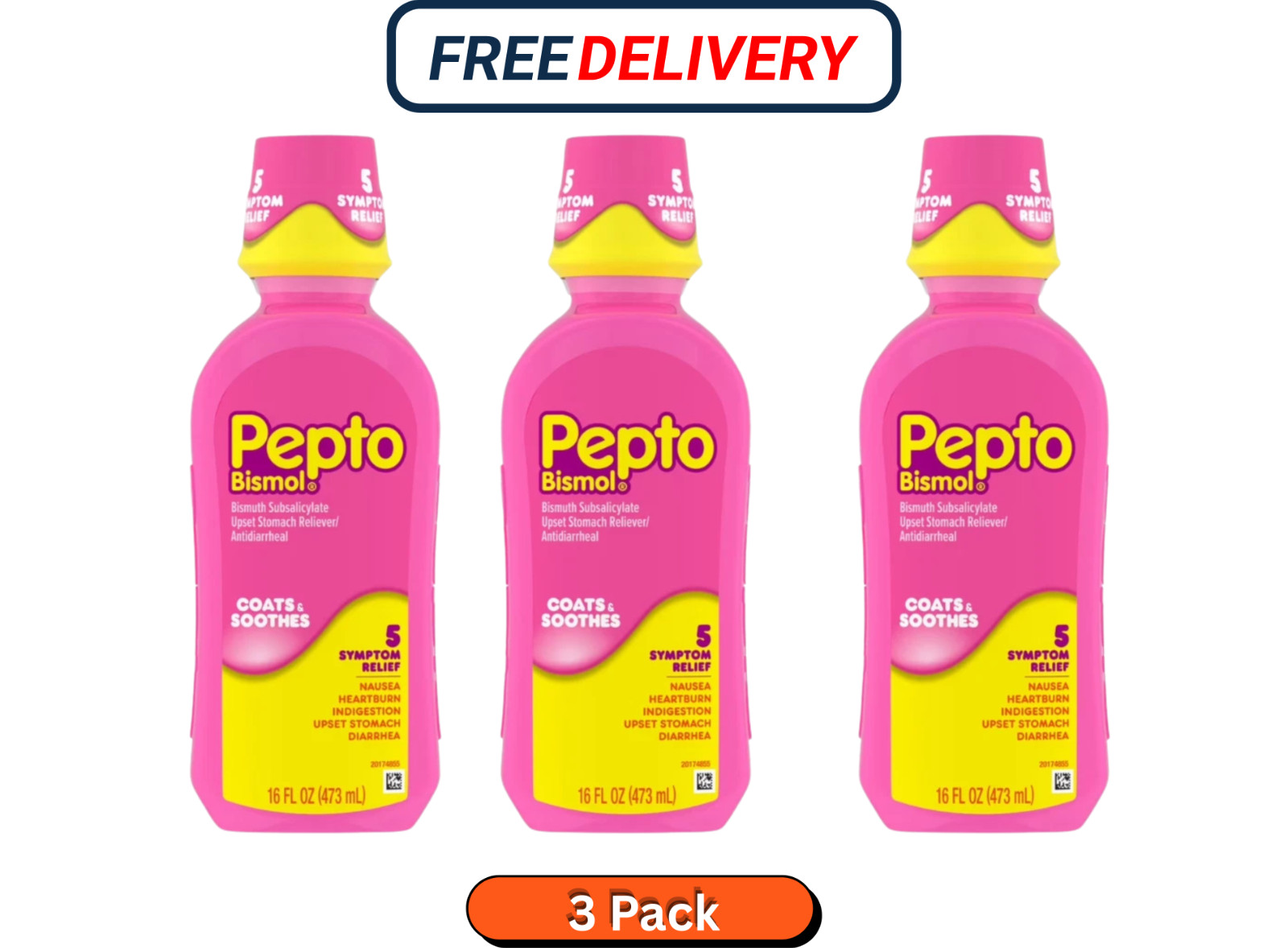 Pepto Bismol Liquid Fast Acting Upset Stomach & Diarrhea Relief 16 Oz - 3 Pack