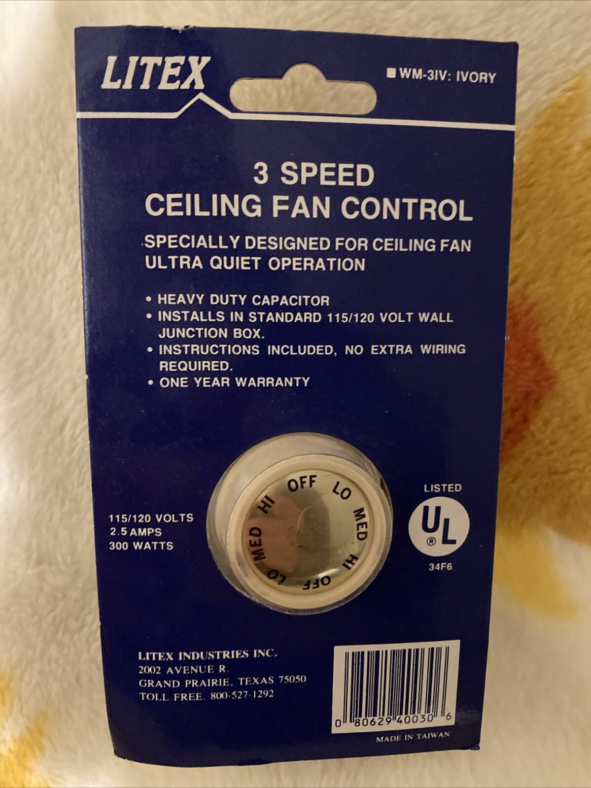 Ivory 3-Speed Ceiling Fan Control Ultra Quiet Operation 115/120Volts 2.5 Amps