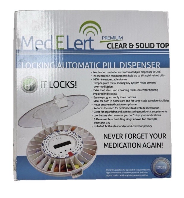 Med-E-Lert Automatic Pill Dispenser Clear Lid Locking Alarm LCD Timer 28 Slot