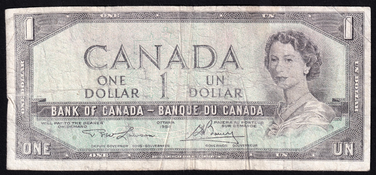 Canada 1954 $1 One Dollar Banknote Lawson - Bouey NO SERIAL NUMBER!