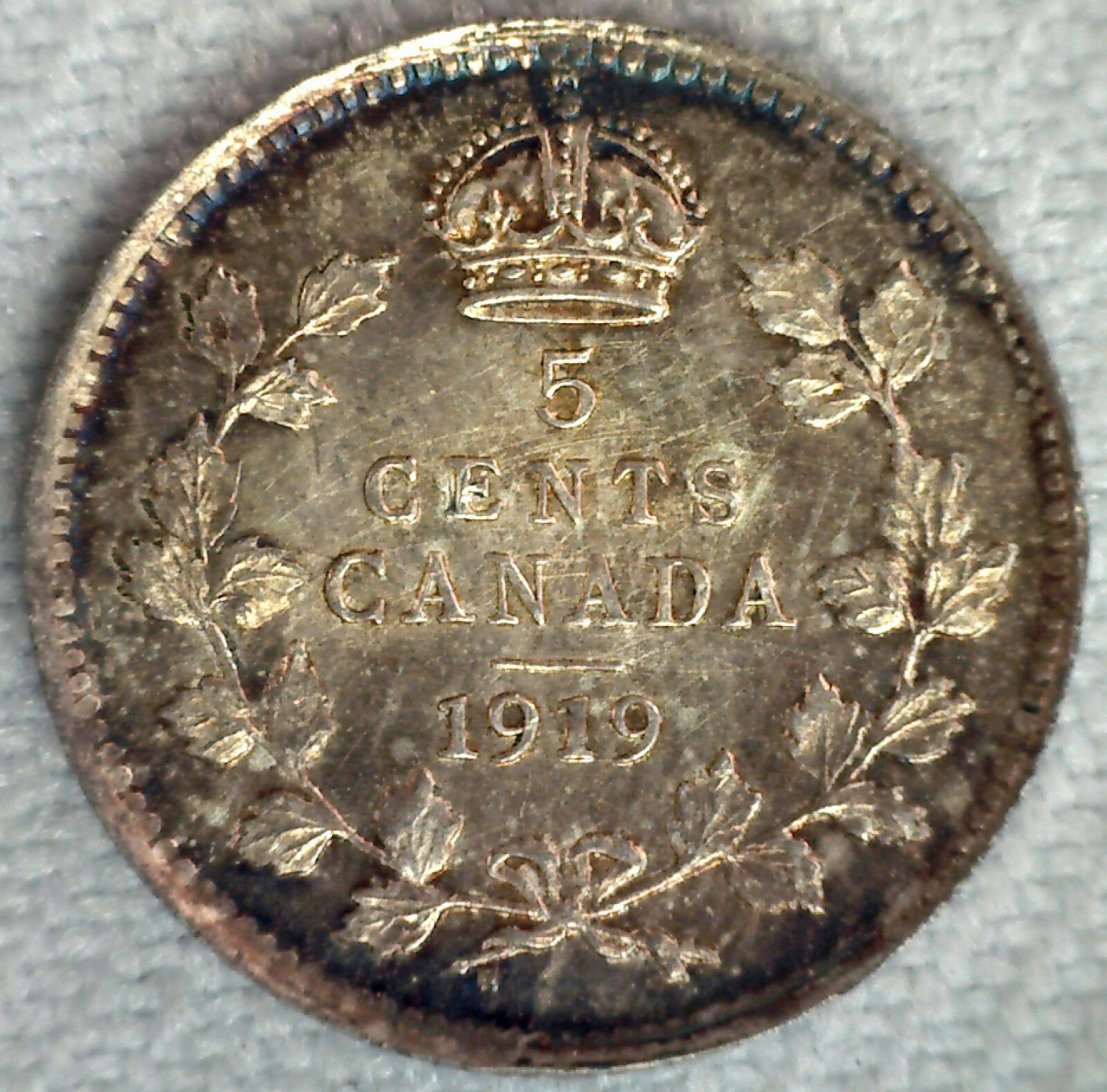1919 Canada Silver Five Cent Coin 5c Canadian Almost Uncirculated George V