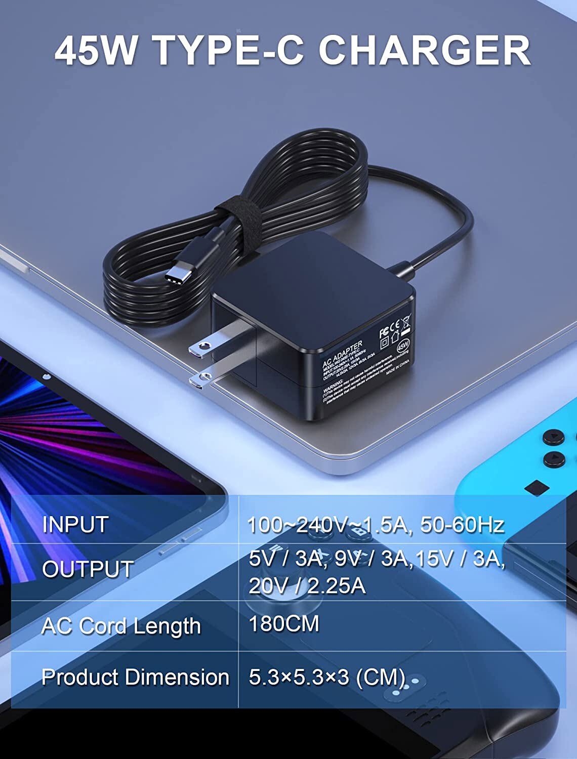 45W Universal Fast Charging Type C For Steam Deck Nintendo Switch USB-C Charger