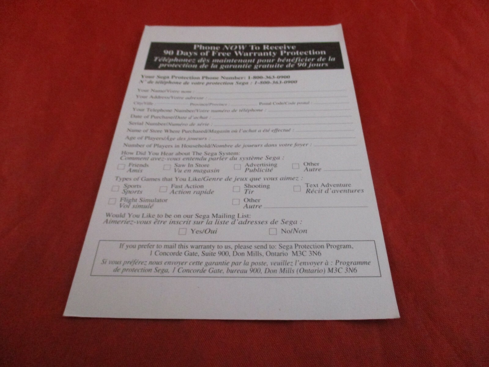 Sega Protection Program Sega Genesis CAN Warranty Registration Card Insert ONLY