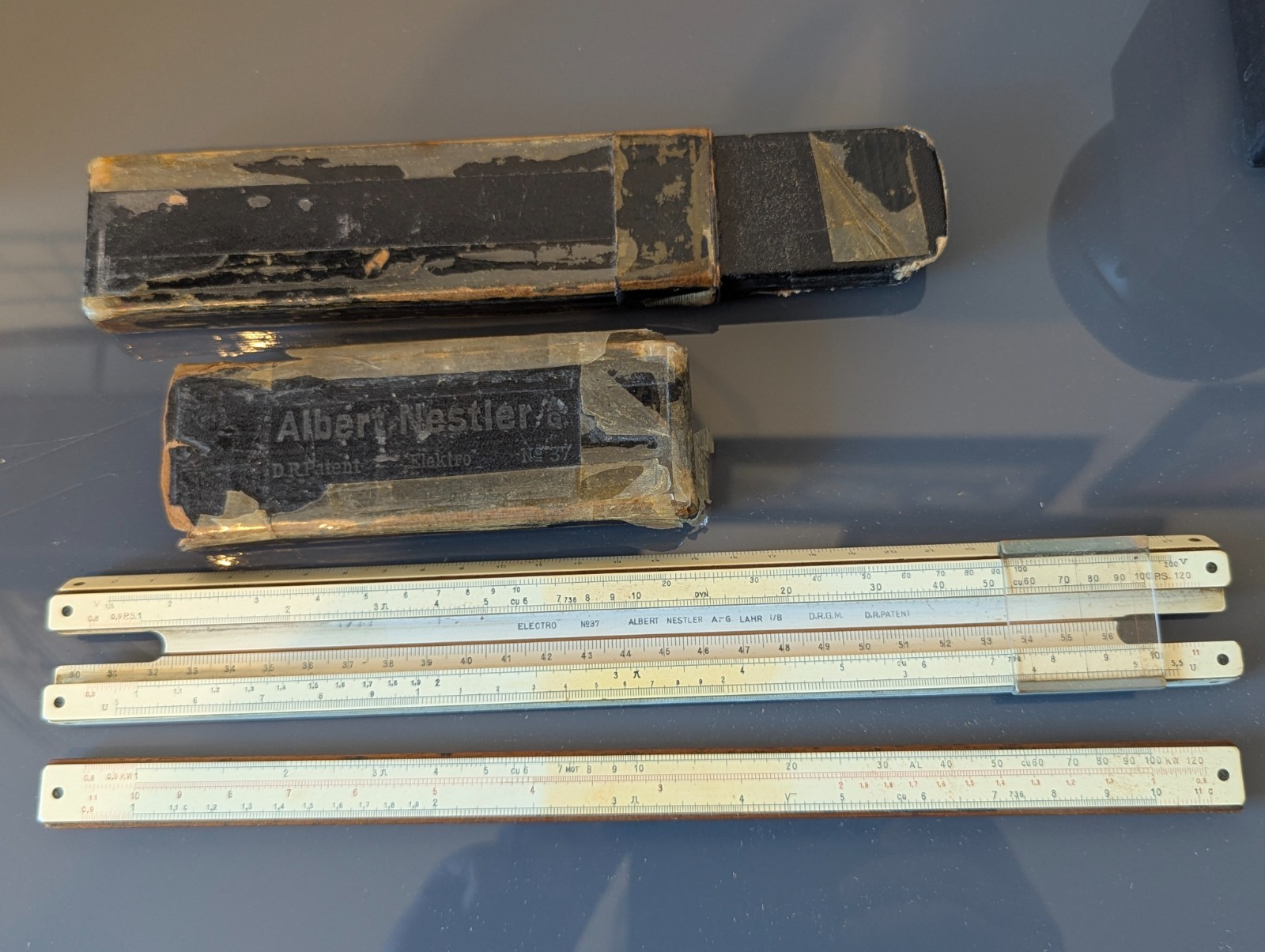 Vintage Albert Nestler No. 37 "Elektro" mahogany and celluloid slide rule