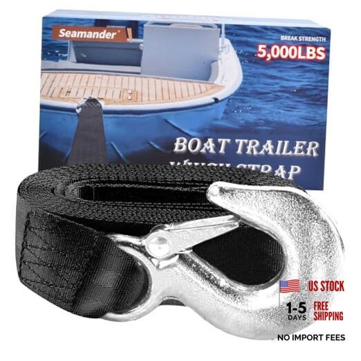 Boat Winch Strap 2" x 20' with Safety Hook 5000-pound Break Black(20ft)