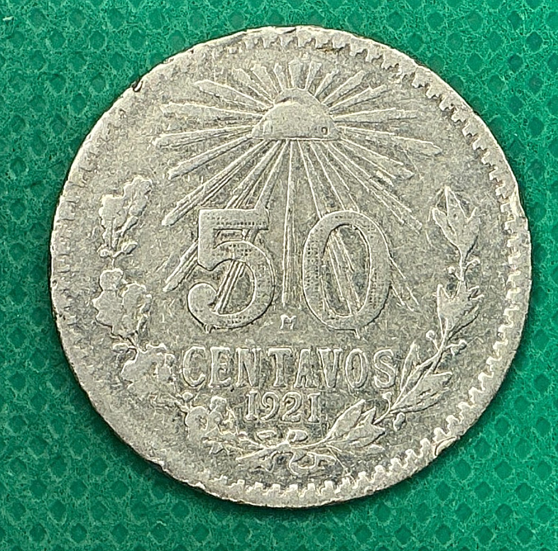 1921 Mo Mexico Silver 50 Centavos Cap and Rays KM# 447