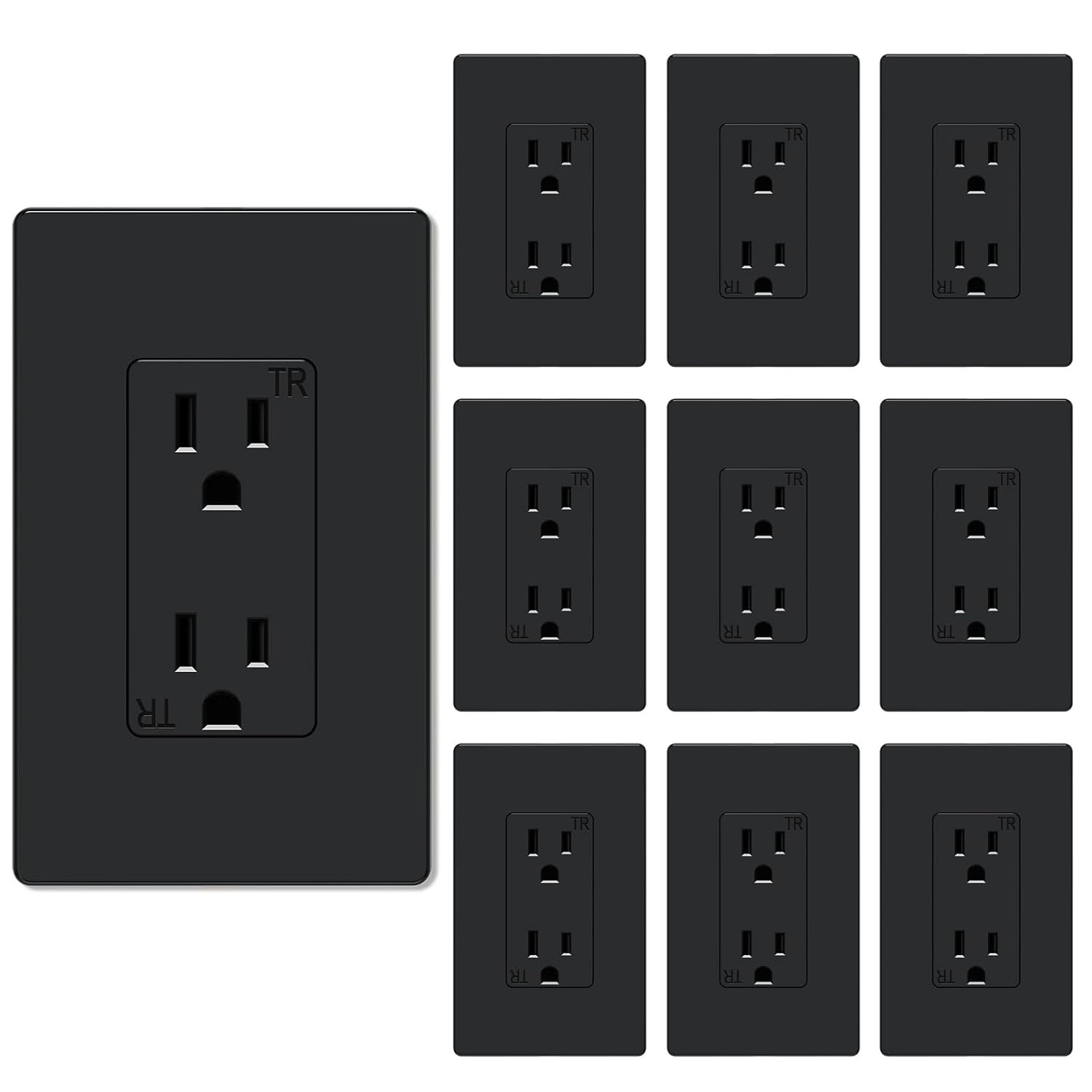 10Pack Duplex Receptacle Wall Outlet 15A Tamper Resistant Glossy Black Screwless