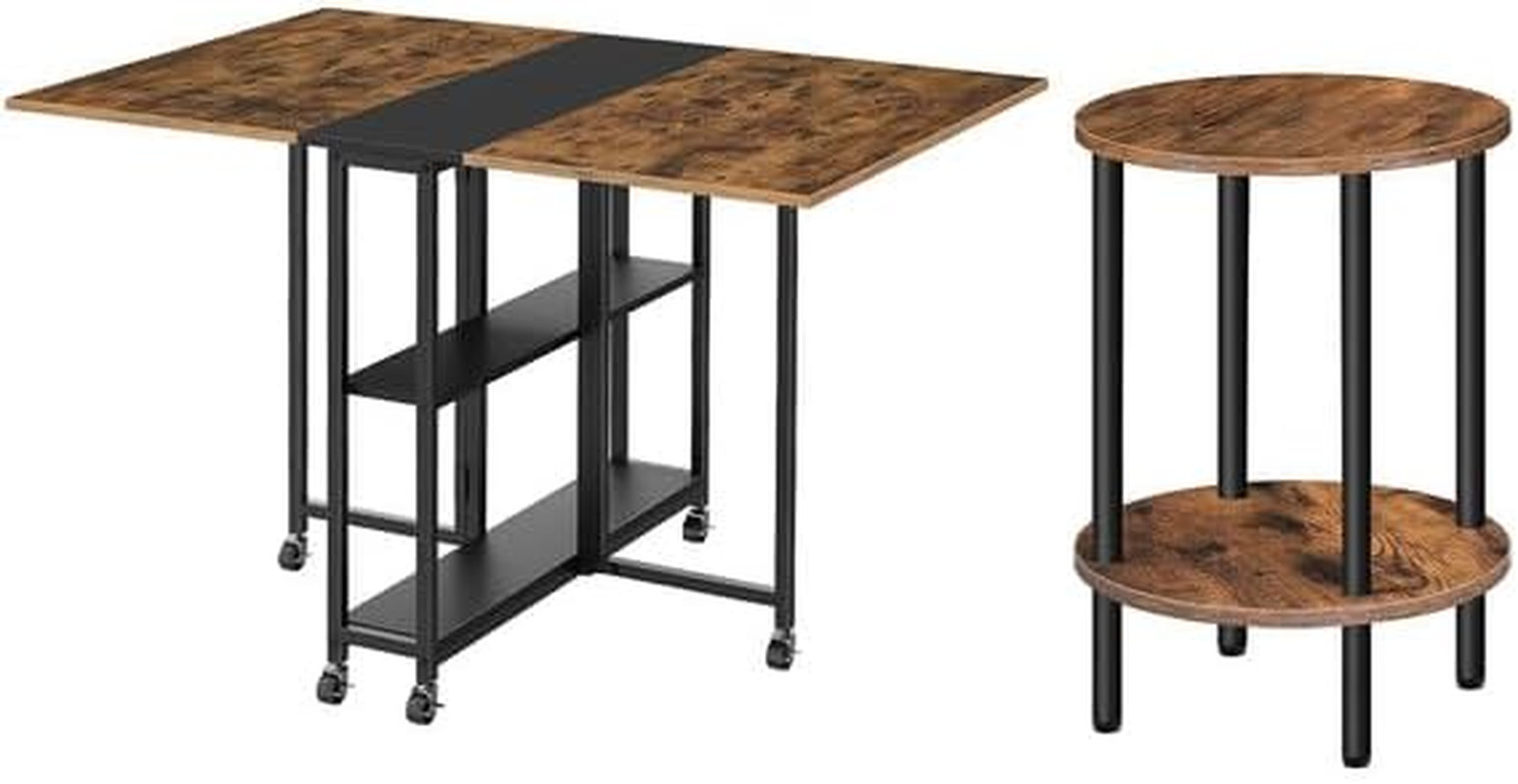 Folding Dining Table and round Side Table,Movable Dining Table, Expandable Kitch