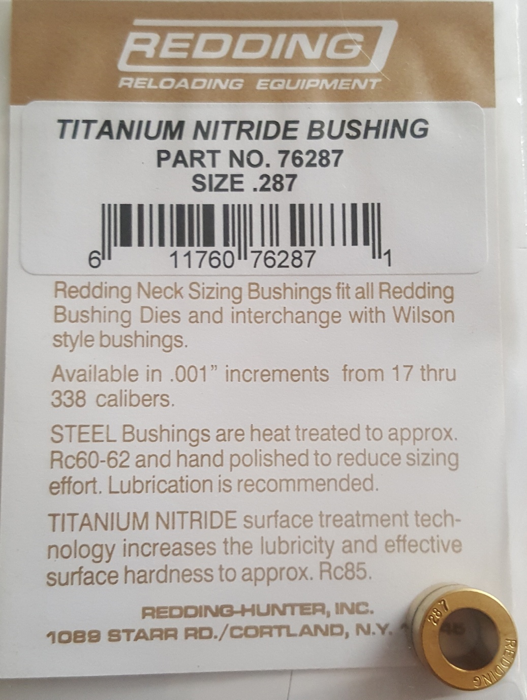76287 REDDING TITANIUM NITRIDE .287 NECK SIZE BUSHING - BRAND NEW - FREE SHIP