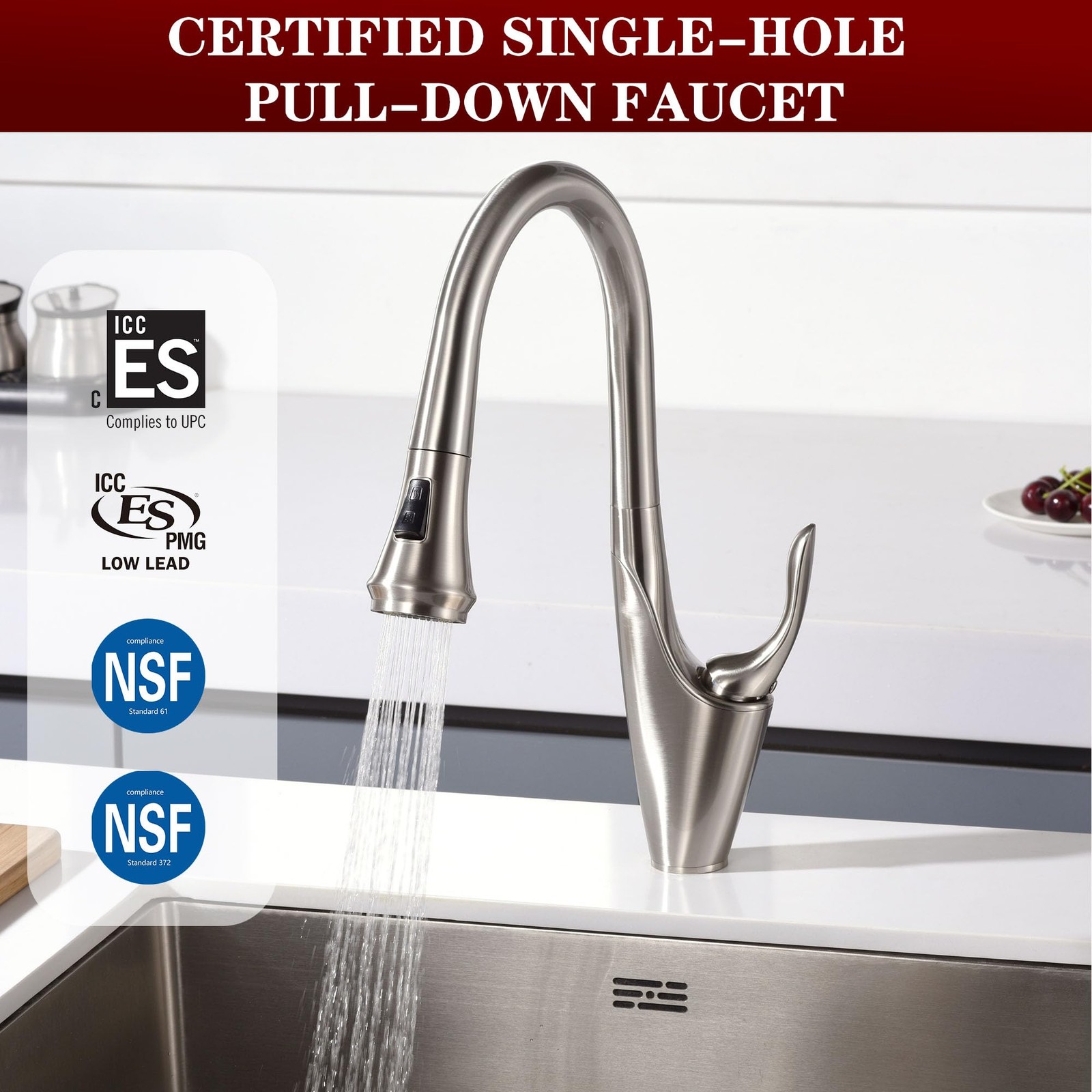 SUMERAIN Pull Out Kitchen (17-5/16") Faucet Height, Brushed Nickel
