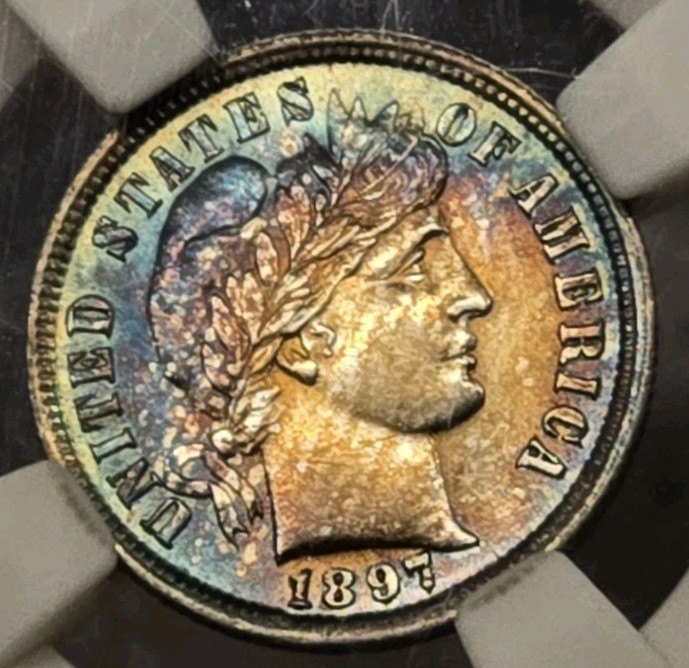 1897 Barber Silver Dime 10C - Gem BU MONSTER TONED - Booming Luster Trophy Piece