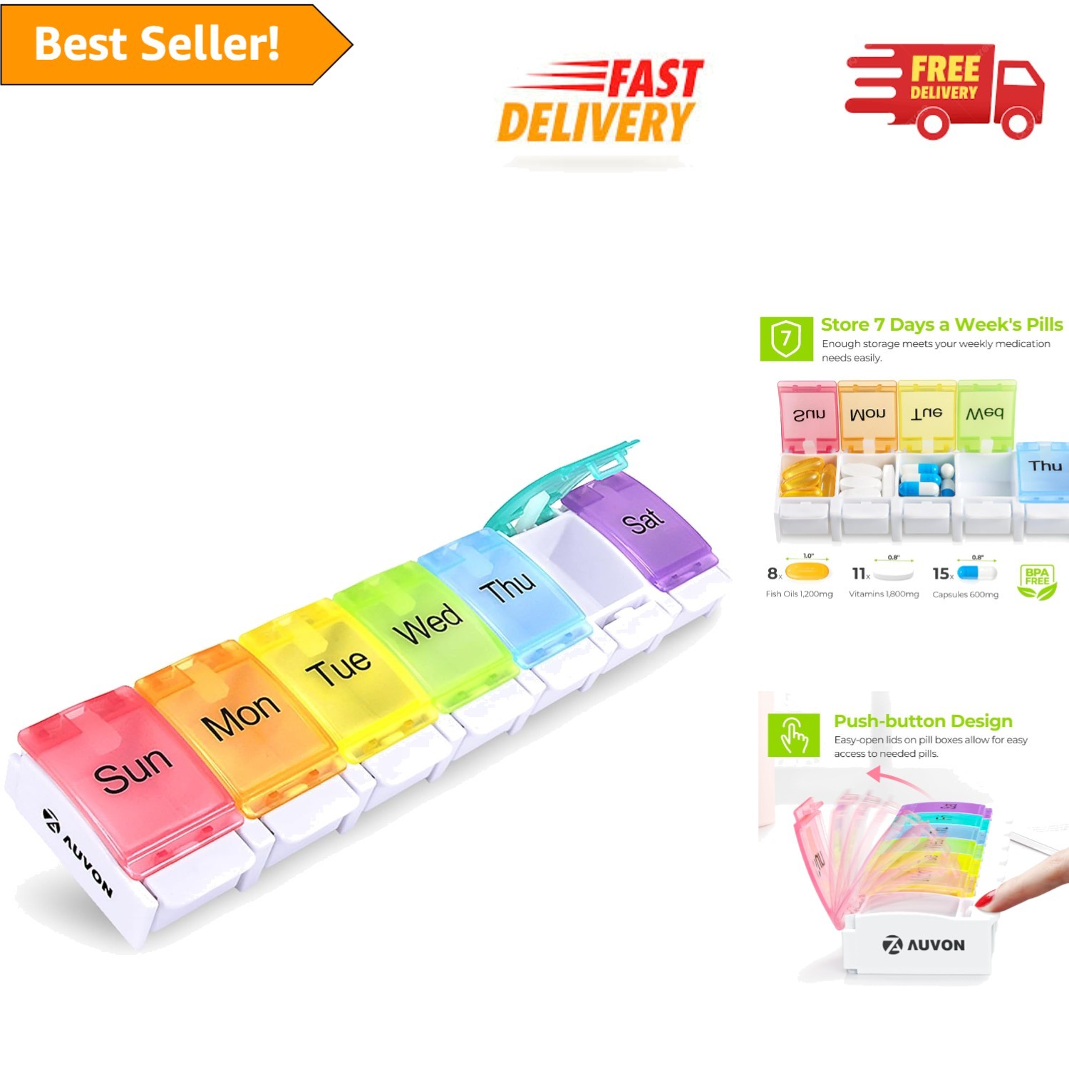 Weeklong Pill Organizer with Colorful Date-Marked Lids – Easy One-Handed Access