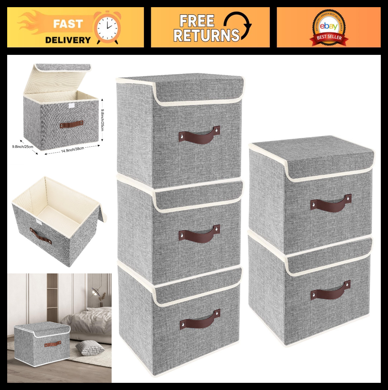 5 Pack Foldable Fabric Storage Bins with Lids - Closet Organizers for Toys, Clot