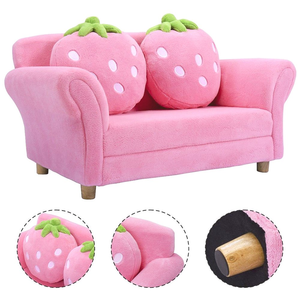 Kids Sofa Strawberry Armrest Chair Lounge Couch W/2 Pillow Children Toddler Pink