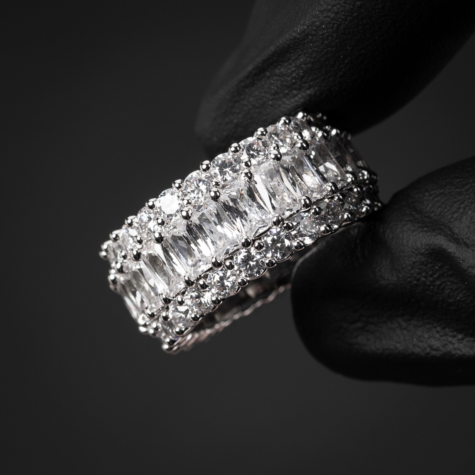 Iced Pointer Men's White Gold Plated Layered Emerald Cut Statement Eternity Ring