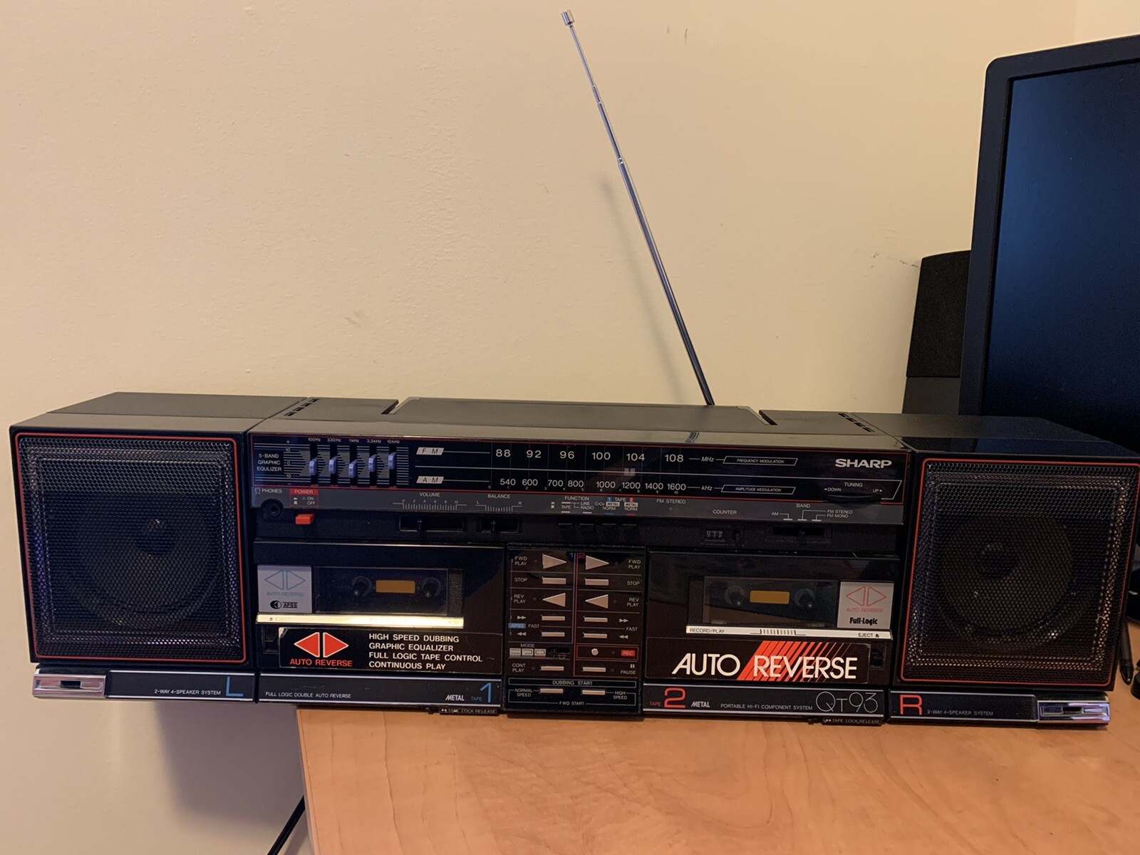 SHARP QT-93 Vintage Boombox Dual Cassete  Auto Reverse Stereo Radio Tested!!