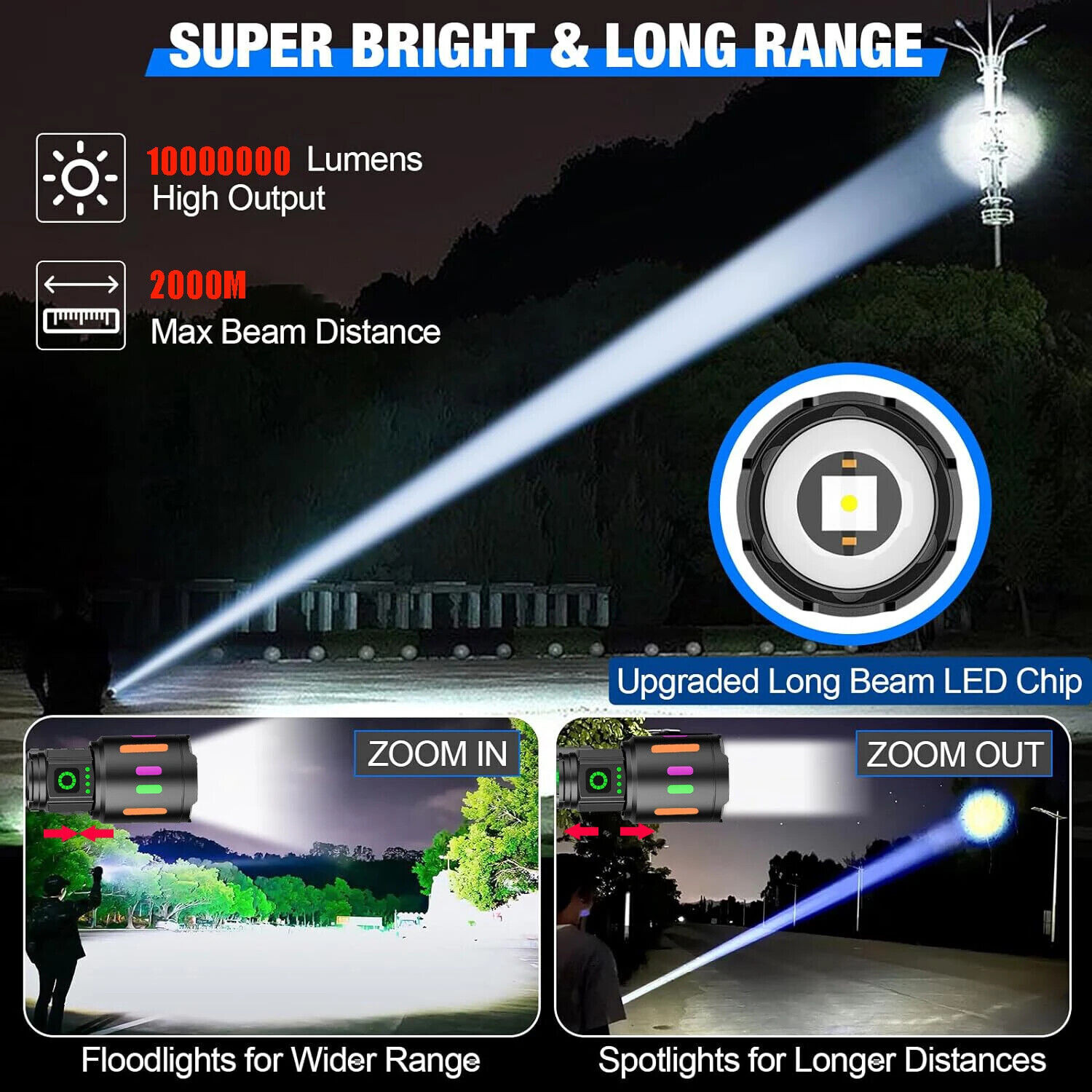 350000000 Lumen Super Bright LED Tactical Flashlight Rechargeable LED Work Light