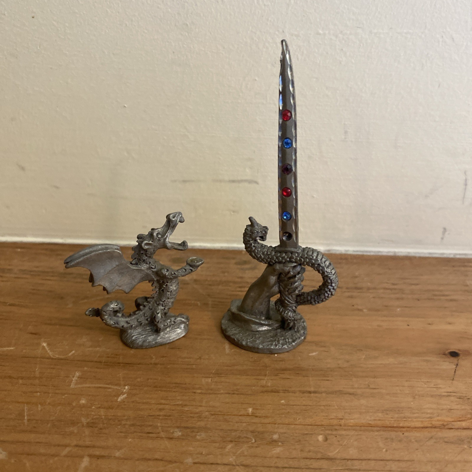 Lot 2 Spoontiques Pewter Metal Mini Figures Snake Sword, Dragon Medieval Vintage