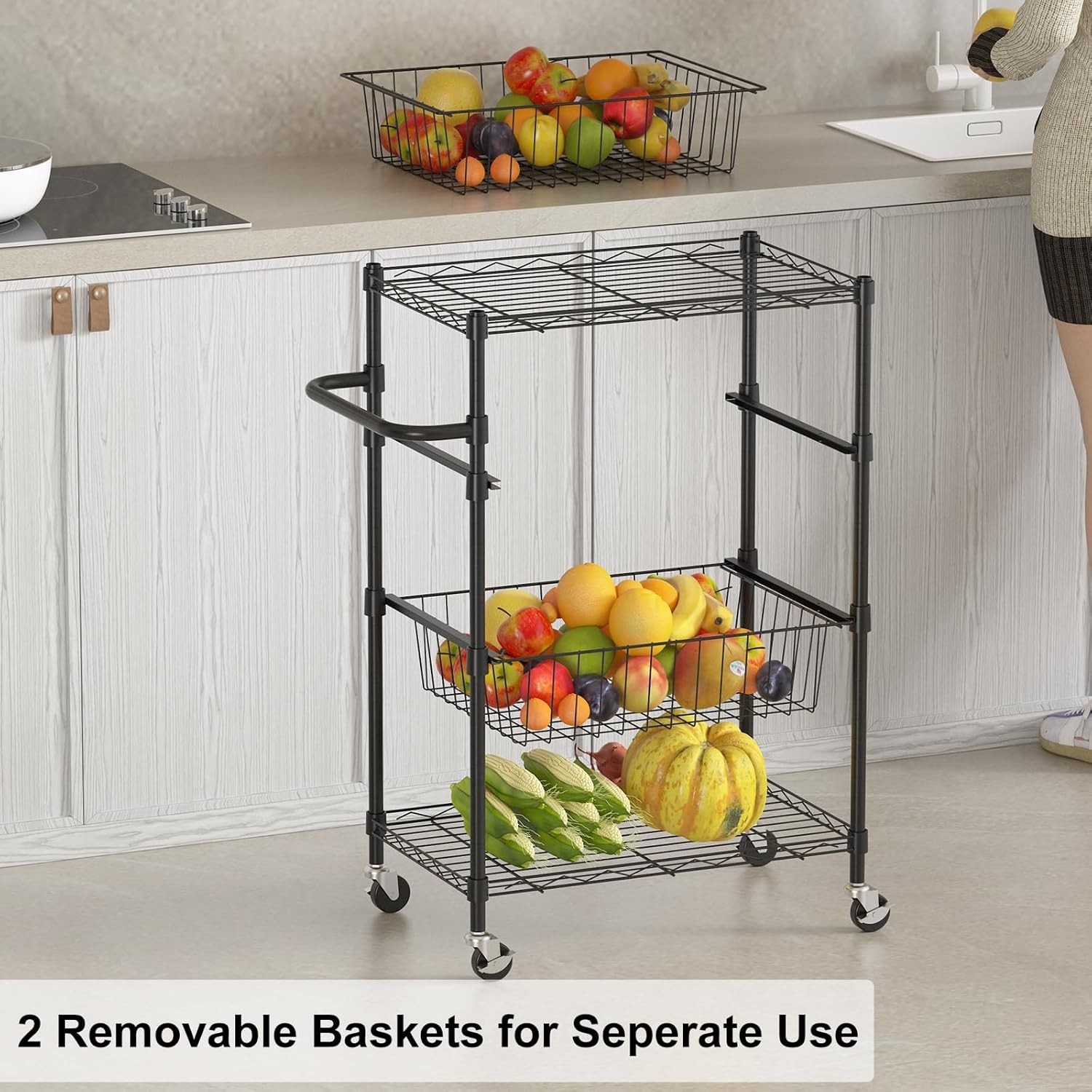 4-Tier Kitchen Cart Rolling Storage Utility Cart w/ Handle & 2 Removable Baskets