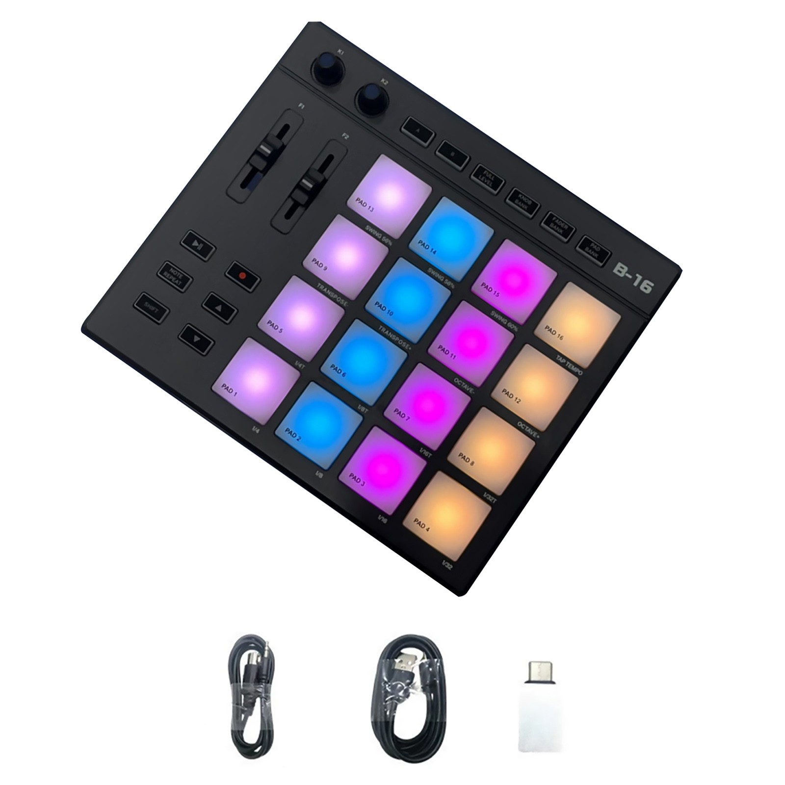 1* USB MIDI Controller Beat Maker 16 Beat Pads 2 Fader Knobs Drum Machine