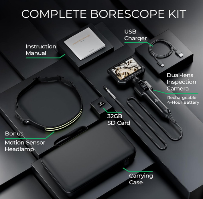 Cámara endoscópica 360° de doble lente, articulada 6 mm para autos y tuberías/ N