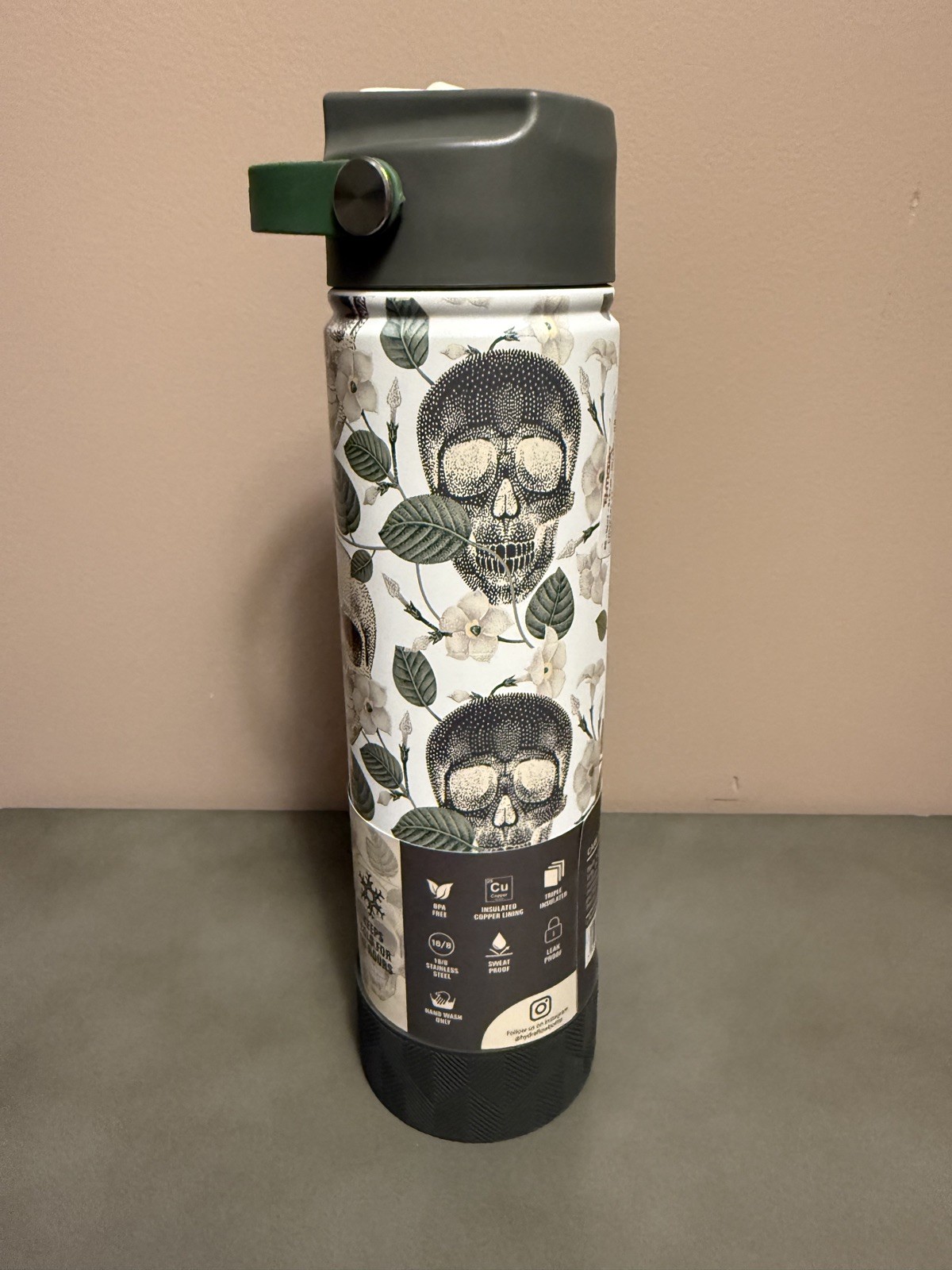 Green Hydraflo  Hybrid Skulls &Flowers Artisan 25 oz  SS Steel Insulated Bottle