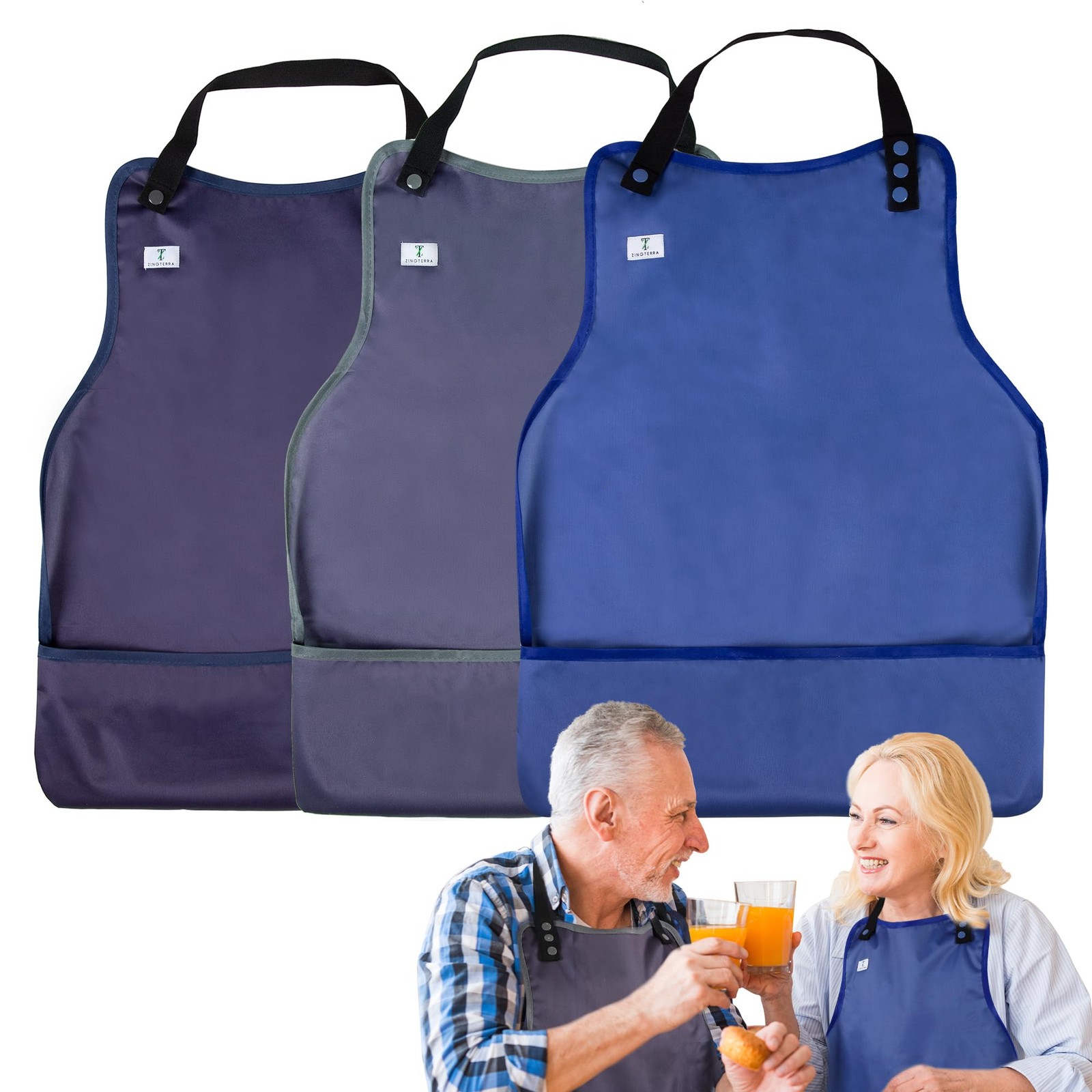 ZINGTERRA Adult Bibs with Crumb Catcher,3Pack 22" x 17", Dark Color