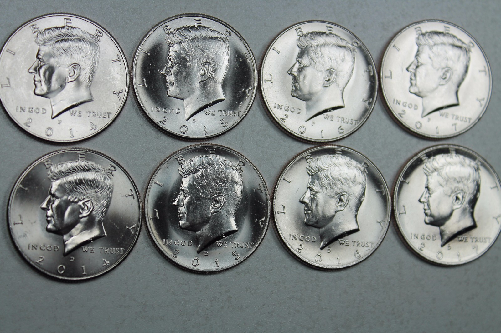 2014 2015 2016 2017 P & D Kennedy Half Uncirculated Mint roll Set 2014-2017