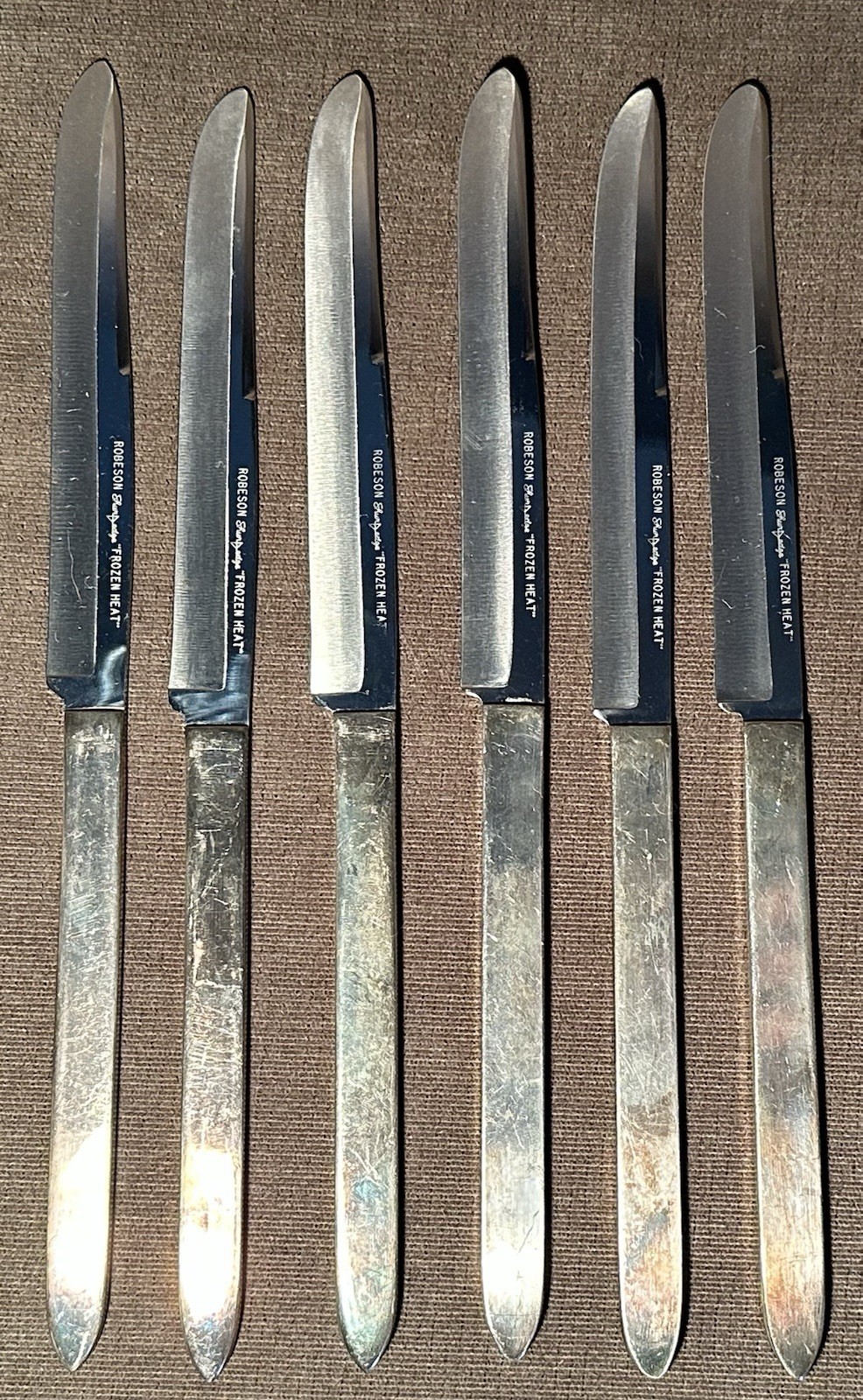 Vintage Set Of 6 Robeson ShurEdge Frozen Heat Silver Plated Steak Knives