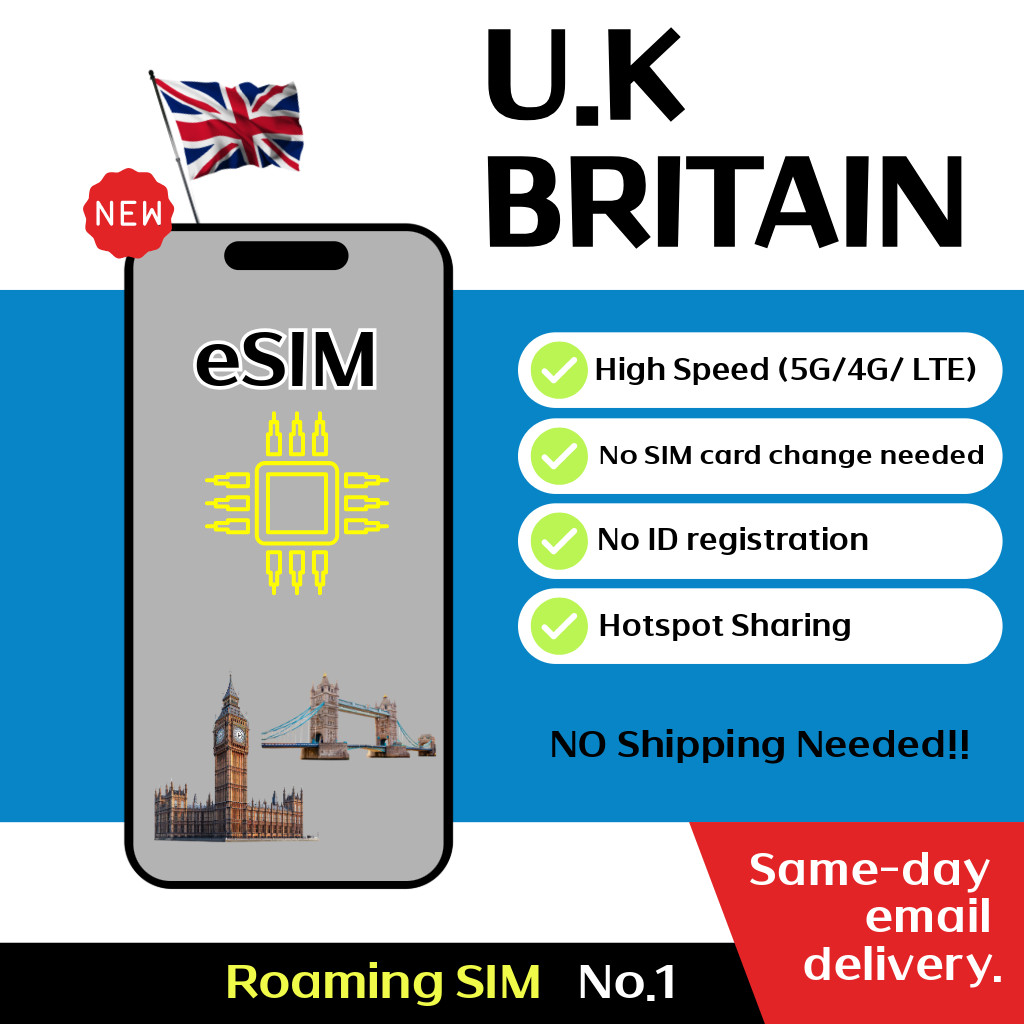 United Kingdom & Ireland Travel eSIM - 3 to 10Days - 1GB/Day , 2GB/Day , UK