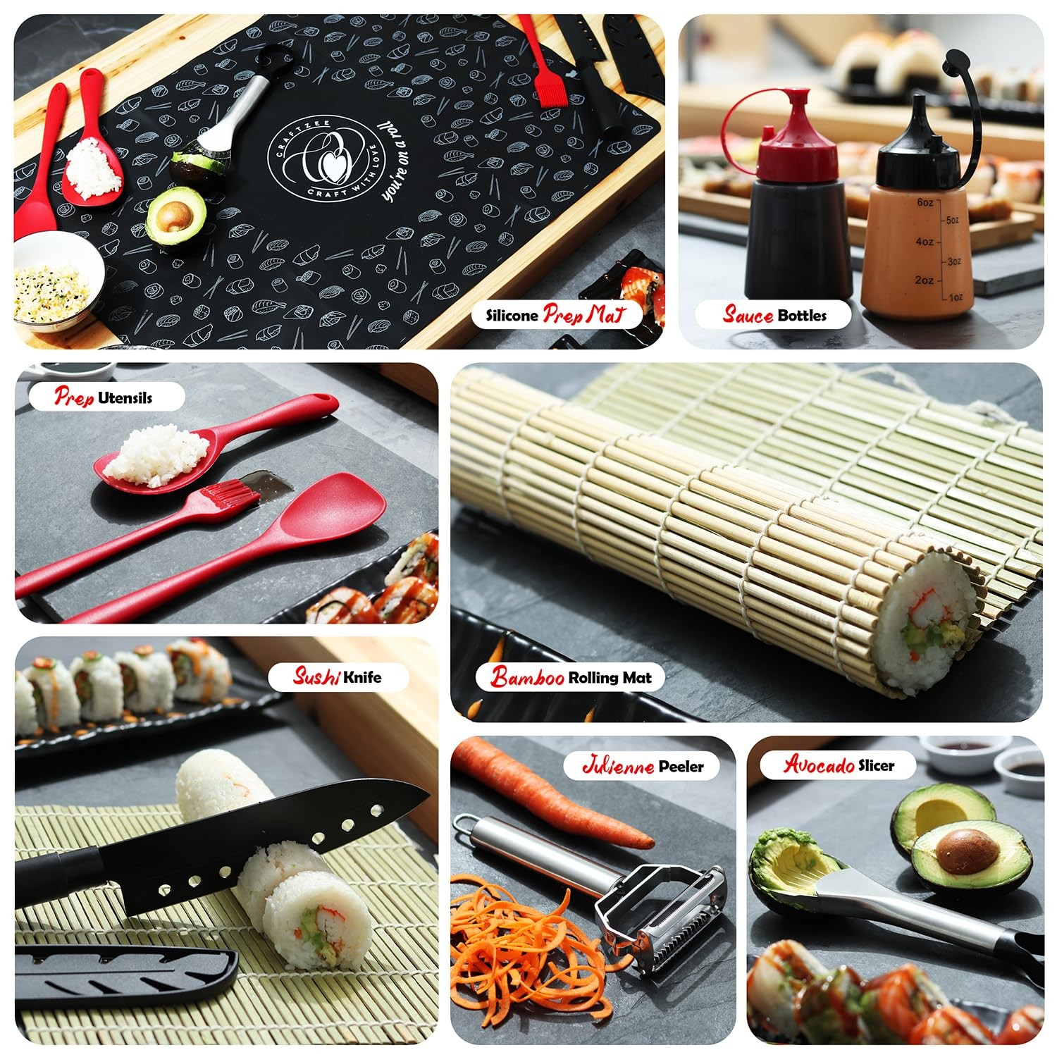 CraftZee Sushi Making Kit - Complete Maker with Bazooka Red/Black