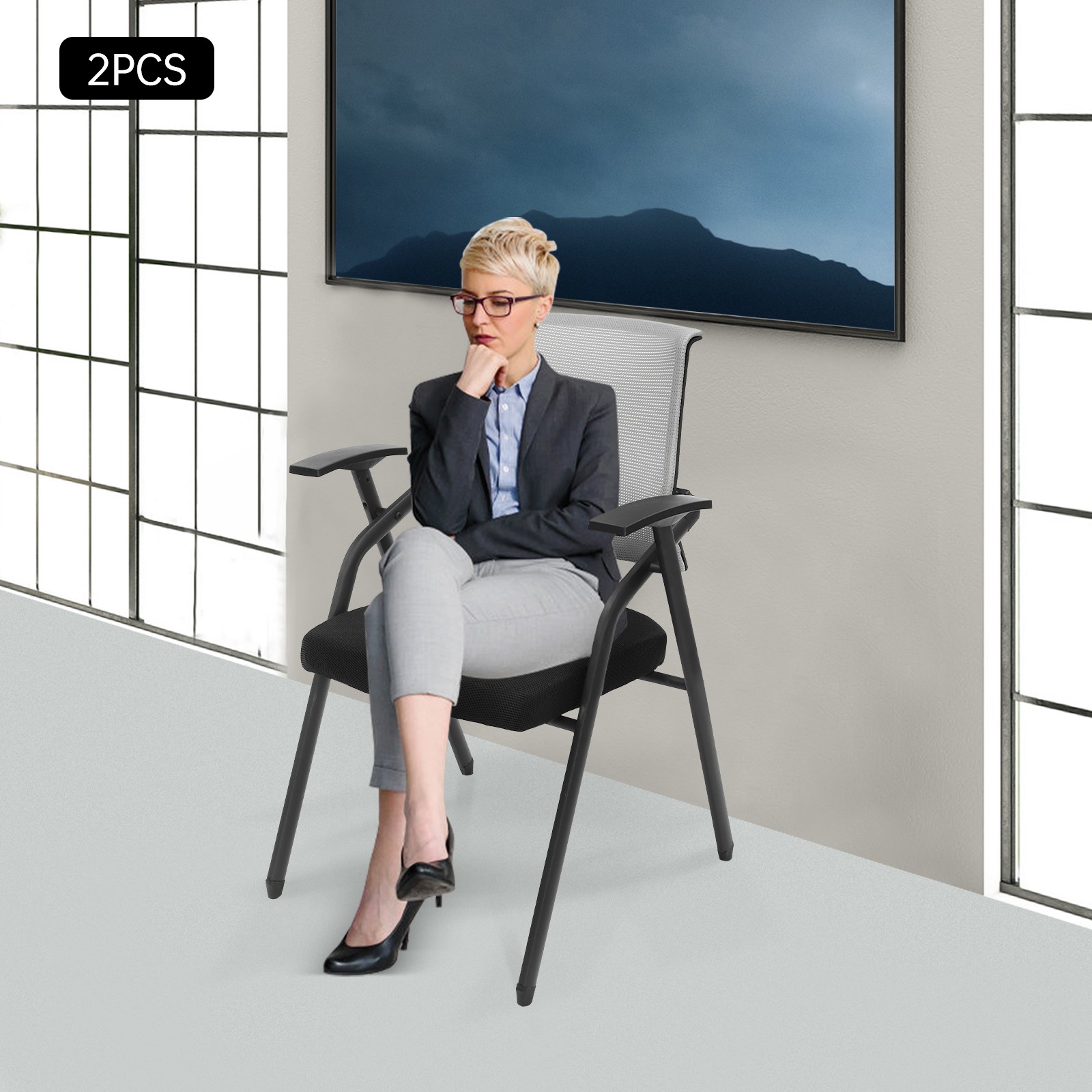 2PCS Office Reception Guest Chairs 220kg Capacity Folding Chair Grey Guest Chair