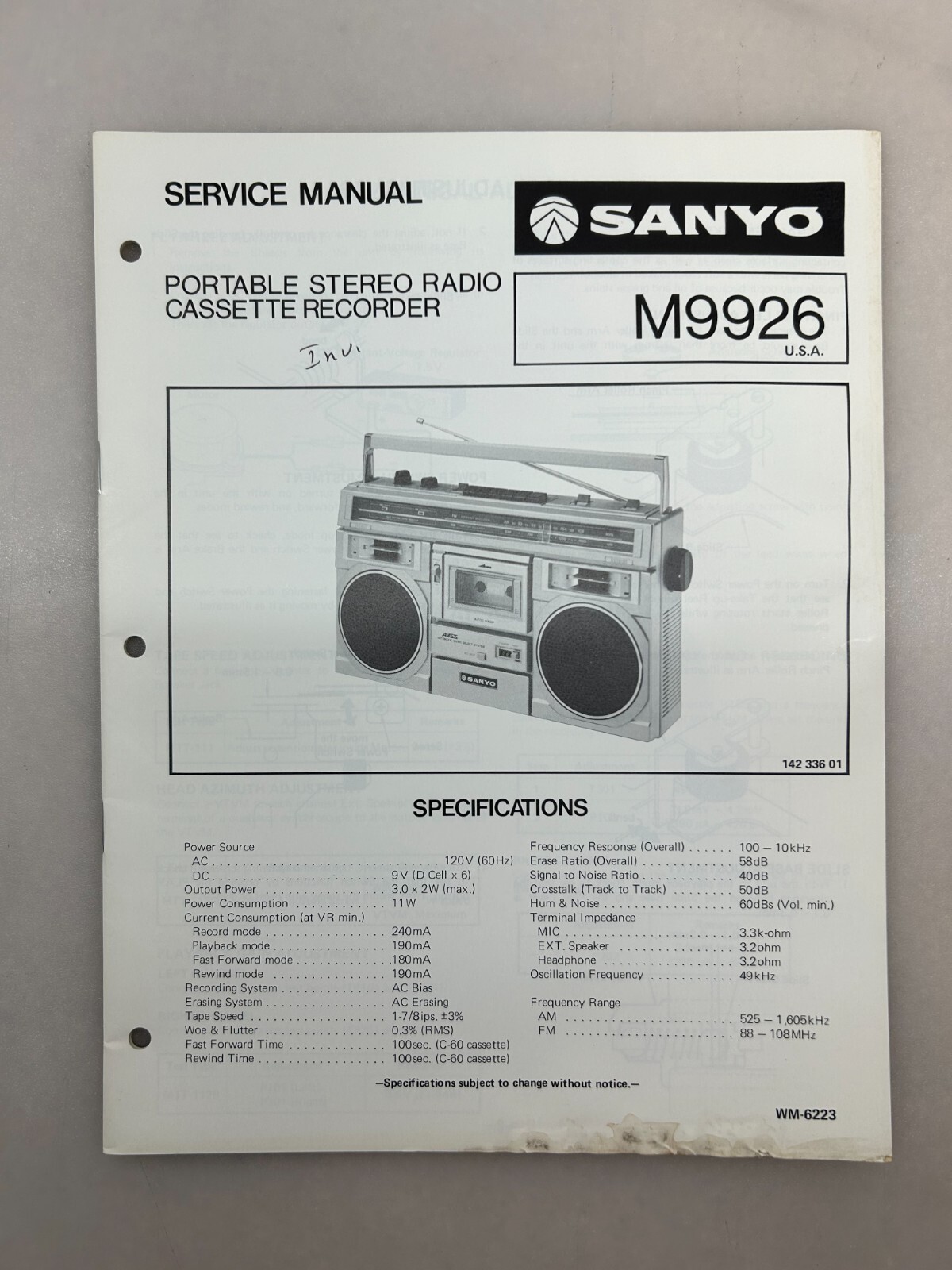 Sanyo M9926 Original Service Manual Free Shipping