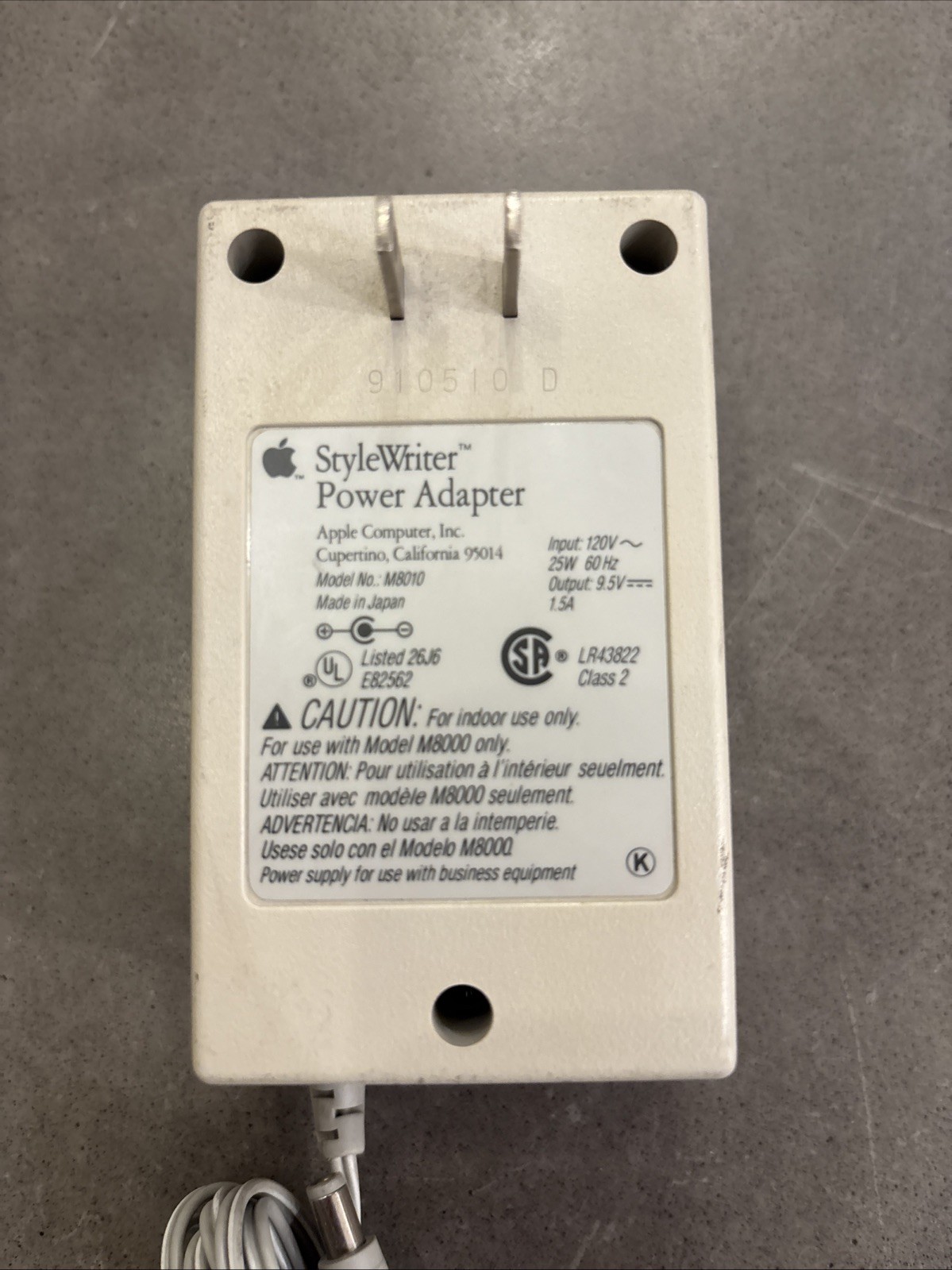 Apple Stylewriter Power Adapter - M8010 - LR43822 - 120V Tested Working