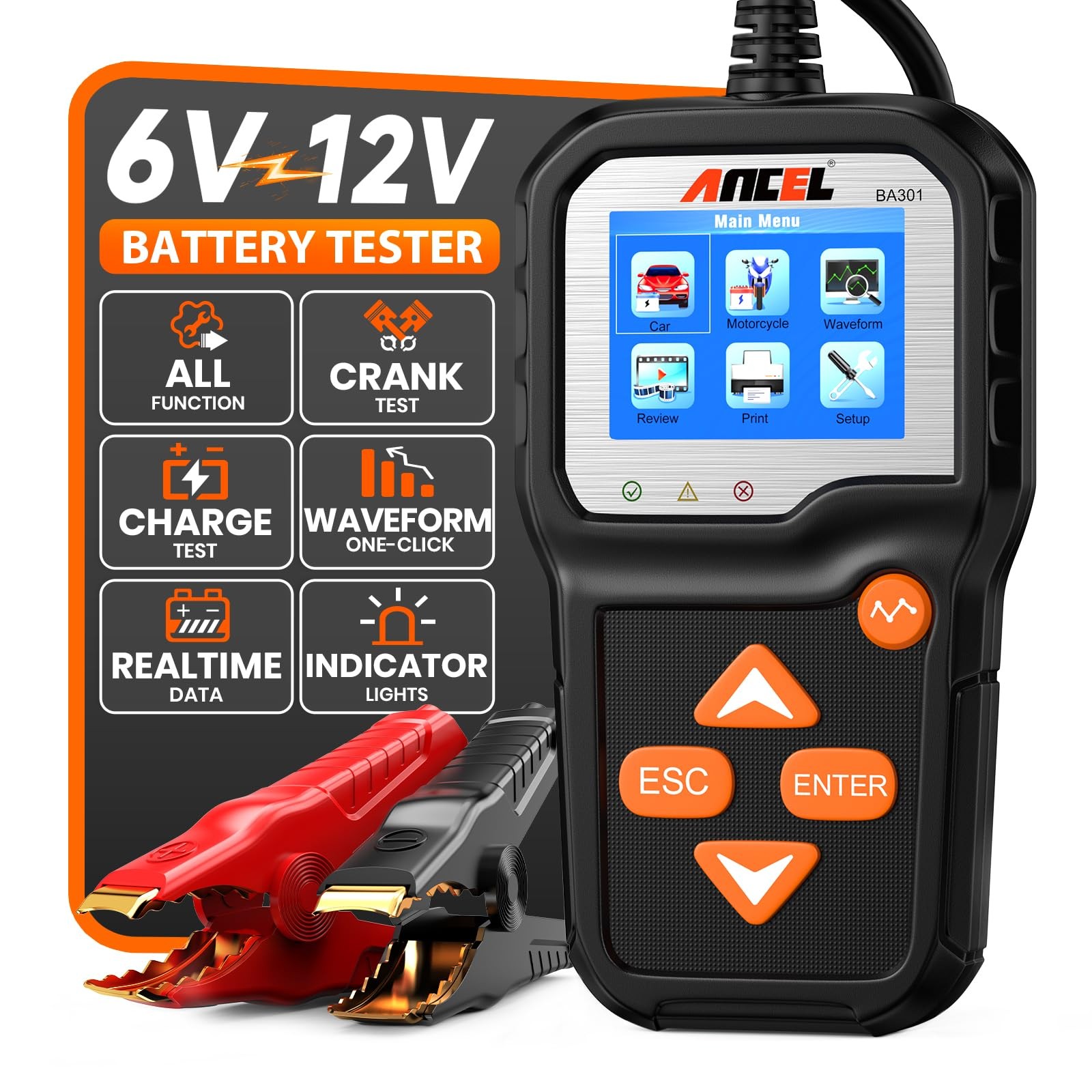 ANCEL BA301 6V 12V Car Battery Tester, 100-2000 CCA Automotive BA301, Black
