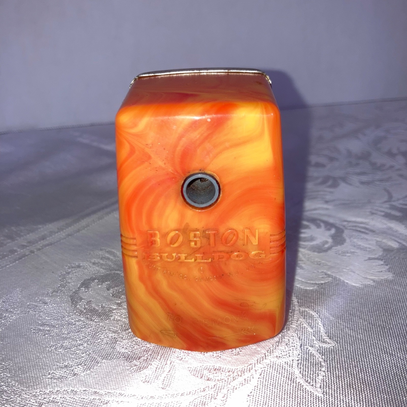 Vintage 1950s Pencil Sharpener Orange Swirl Plastic Boston Bulldog  Made In USA
