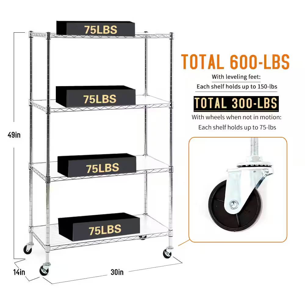 Chrome 4-Tier Rolling Carbon Steel Wire Garage Storage Shelving Unit with Caster