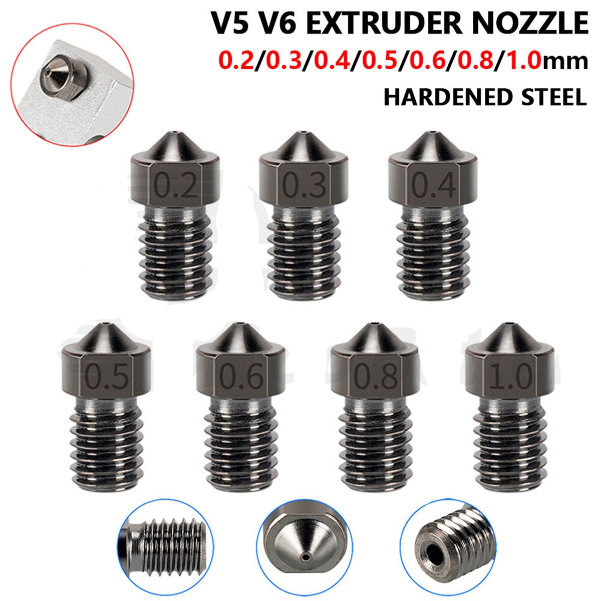 Hardened Steel 0.2mm-1mm V5 V6 Extruder Nozzle M6 3D Printer for 1.75mm Filament