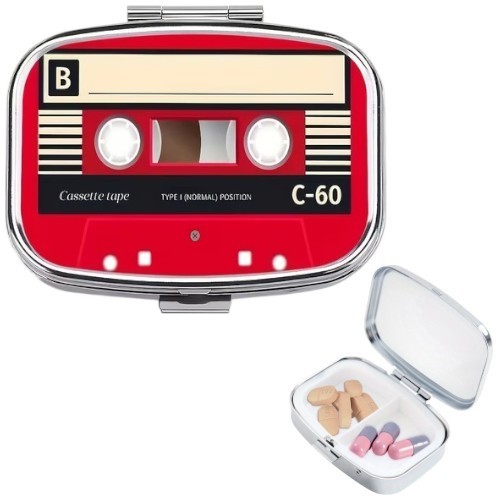 Music Cassette 2 Compartment Metal Pill Box Travel Organizer Pocket or Purse