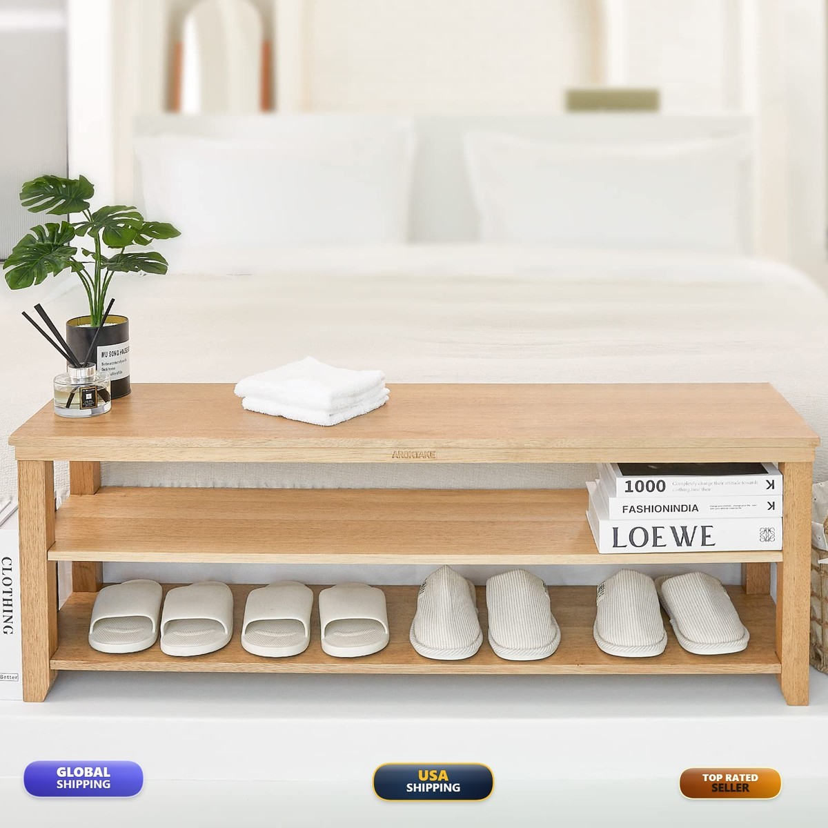 Aroktake Shoe Rack Solid Wood Bench 2-Tier Real Wooden Heavy Duty Shoe Storage
