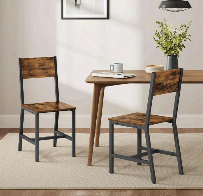 VASAGLE Dining Chair Set of 2 Rustic Wood Metal Frame Brown Black